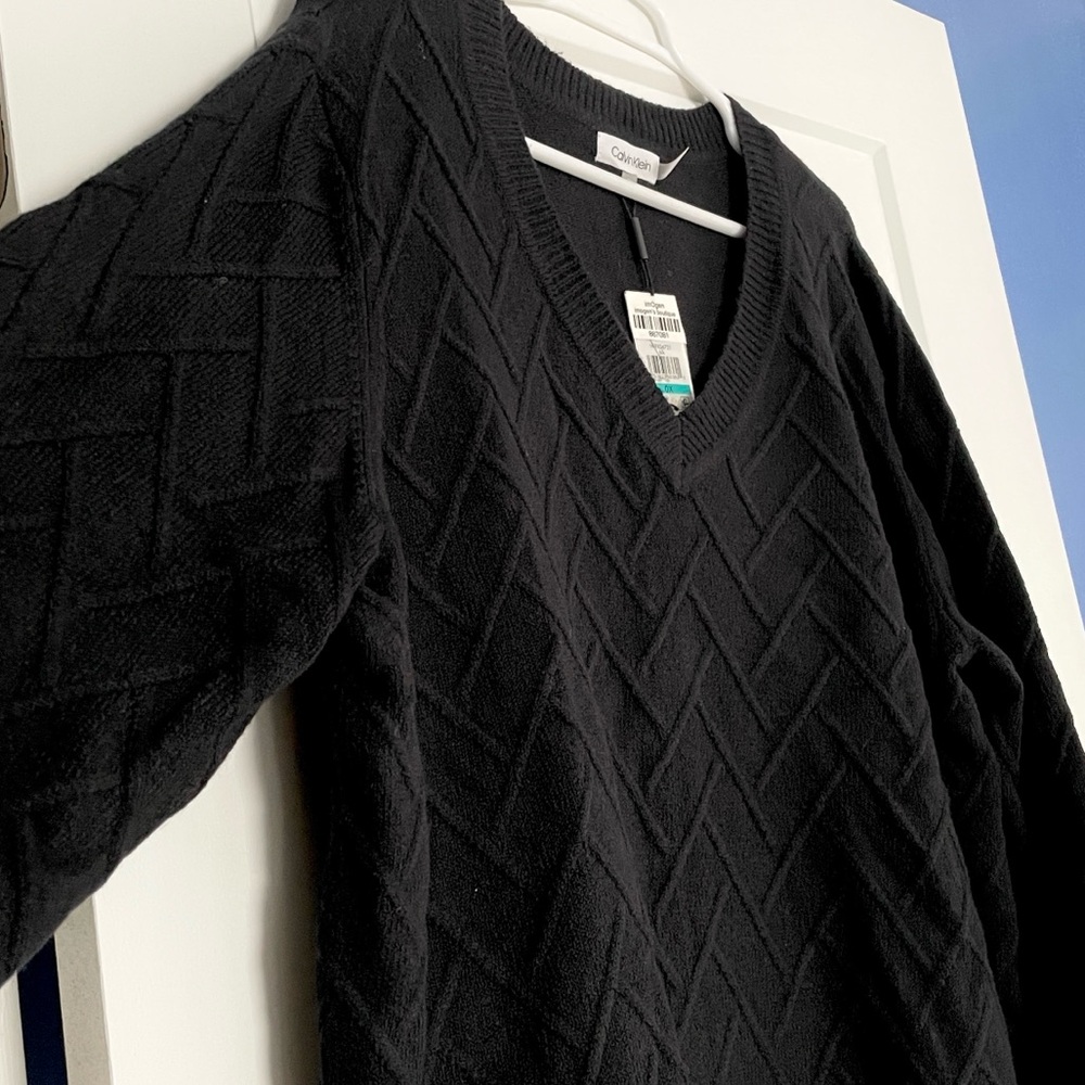 NWT Calvin Klein V NECK BLACK soft sweater size 0X chevron knit USA made